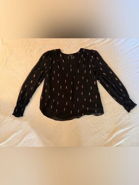 1.STATE Black Metallic Dot Chiffon Blouse Smocked Sleeves Medium
